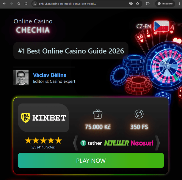 screenshot konkrétní hazardní stránky „Casino na mobil / bonus bez vkladu“ na webu OHK Ústí nad Labem