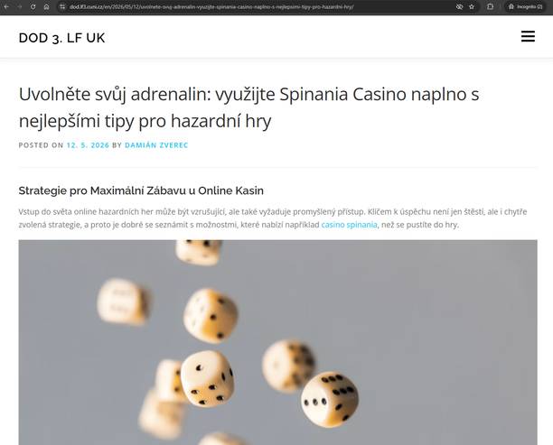 screenshot konkrétní hazardní stránky Spinania Casino na webu 3.&nbsp;lékařské fakulty UK